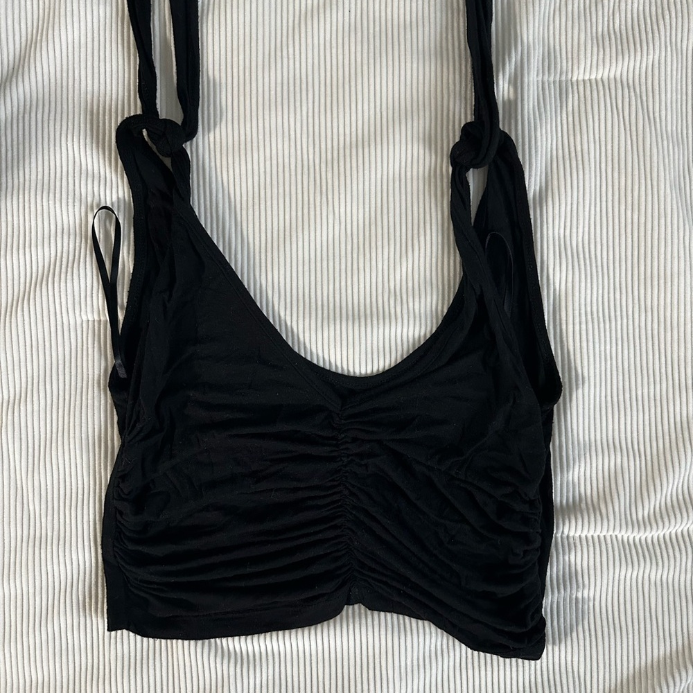 SHEIN Black Ruched Crop Tank with Tie Straps